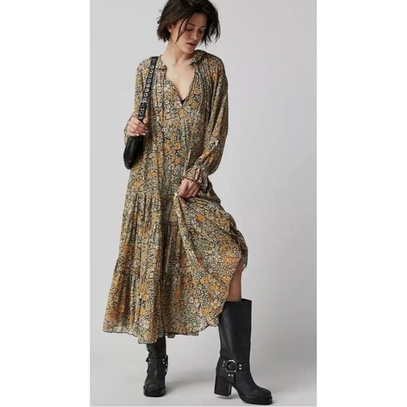 Free People Dresses & Skirts - Free People Feeling Groovy Maxi Dress Floral Print Boho V-Neck M